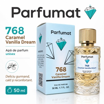 Set Apa de parfum Parfumat 768 Caramel Vanilla Dream, Unisex, 50 ml si Gentuta cosmetice - Img 3