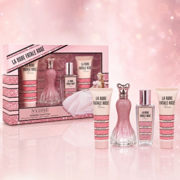 Set Cadou Damă V.V. Love La Robe Fatale Rose 4 Piese, Body Lotion, Body Mist, Eau de Parfum și Shower Gel 4x50 ml, Inspirat din La Petite Robe Noire Guerlain