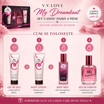 Set Cadou Damă V.V. Love My Dreamboat 4 Piese, Body Lotion, Body Mist, Eau de Parfum și Shower Gel 4x50 ml, Inspirat din Ariana Grande Sweet Like Candy - Img 3