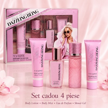 Set Cadou Damă V.V. Love Pink Shimmery Dazzling Bling 4 Piese, Body Lotion, Body Mist, Eau de Parfum și Shower Gel 4x50 ml, Inspirat din Victoria’s Secret Bombshell - Img 2