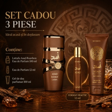 Set Cadou Lattafa Asad Bourbon 3 Piese, Eau de Parfum 100 ml + EDP 12 ml + Gel de Duș Parfumat 100 ml, Parfum Arabesc pentru Bărbați, Aromă Gourmand cu Vanilie Bourbon, Cacao, Lavandă, Ambră și Vetiver - Img 4