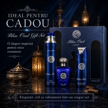 Set Cadou Lattafa Blue Oud 3 Piese, Eau de Parfum 100 ml + Spray Parfumat 200 ml + Odorizant Cameră 300 ml, Parfum Arabesc Unisex, Oud, Șofran, Mosc și Lemn de Santal - Img 5