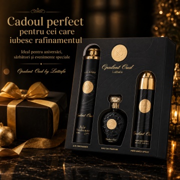 Set Cadou Lattafa Opulent Oud 3 Piese, Eau de Parfum 100 ml + Spray Parfumat 200 ml + Air Freshener 300 ml, Parfum Arabesc Unisex cu Oud, Ambră și Vanilie - Img 6