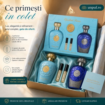 Set Parfum Lattafa Opulent Collection Dubai & Blue Oud Elixir, 2 x 100 ml Eau de Parfum Unisex, 2 mostre fiolă , cutie cadou premium, arome orientale - Img 4