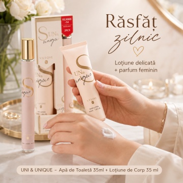 Set Uni & Unique 2x35 ml, Apă de Toaletă Damă 35 ml + Body Lotion 35 ml, Aromă Floral Fructată, Dulce, Vanilată și Moscată, Note de Citrice, Piersică, Fructul Pasiunii, Gardenie, Iasomie, Lemn de Santal, Vanilie, Ambră și Mosc - Img 3
