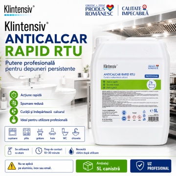 Soluție anticalcar Klintensiv Anticalcar Rapid RTU, gata de utilizare, pentru baie și bucătărie, curăță și îndepărtează calcarul, spumare redusă, parfum plăcut, 1 L, 4x Stickere - Img 5