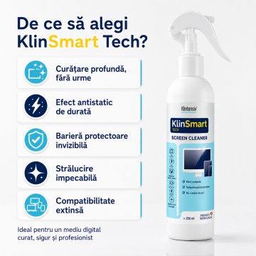 Soluție curățare ecrane Klintensiv KlinSmart Tech, efect antistatic, fără urme, protecție împotriva prafului și amprentelor, pentru monitor, laptop, tabletă, telefon, touchscreen, 250 ml, 4x Stickere - Img 2