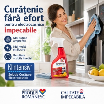 Soluție curățare electrocasnice Klintensiv, spray profesional pentru grăsime, pete și amprente, fără urme, pentru frigider, hotă, plită, cuptor, inox, crom, sticlă și plastic, 500 ml, 4x Stickere - Img 4