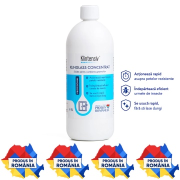 Soluție curățare geamuri Klintensiv Klinglass Concentrat, detergent profesional concentrat pentru sticlă, vitrine, ferestre, oglinzi și suprafețe lucioase, uscare rapidă, fără urme, 1 L, 4x Stickere