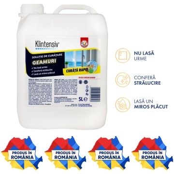 Soluție curățare geamuri Klintensiv, spray profesional pentru sticlă, oglinzi, vitrine și suprafețe lucioase, uscare rapidă, efect antistatic, fără urme, 5 L, 4x Stickere