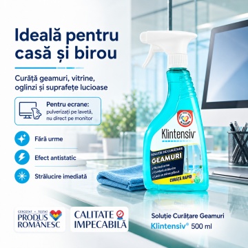 Soluție curățare geamuri Klintensiv, spray profesional pentru sticlă, oglinzi, vitrine și suprafețe lucioase, uscare rapidă, efect antistatic, fără urme, 500 ml, 4x Stickere - Img 4