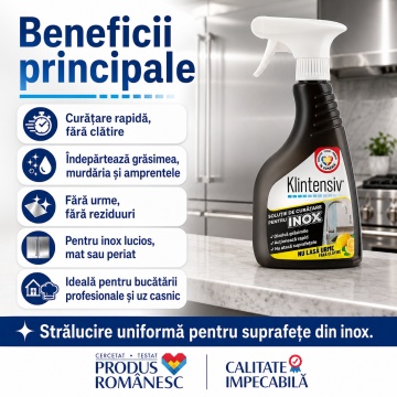 Soluție curățare inox Klintensiv, fără clătire, pentru inox lucios, mat și periat, îndepărtează grăsimea, murdăria și amprentele, finisaj fără urme, 500 ml, 4x Stickere - Img 4