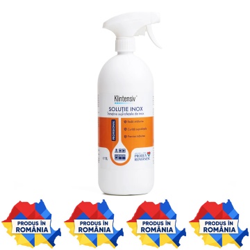 Soluție curățare inox Klintensiv, hidroalcoolică, gata de utilizare, pentru inox, aluminiu, crom, cupru și nichel, îndepărtează calcarul, grăsimea și urmele de detergent, 1 L, 4x Stickere