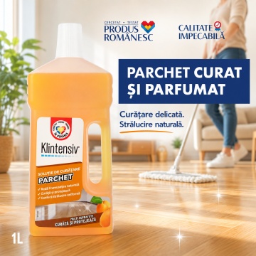 Soluție curățare parchet Klintensiv, detergent profesional pentru parchet lăcuit, protejează și redă strălucirea naturală, fără clătire, diluție 1%, parfum discret, 1 L, 4x Stickere - Img 2