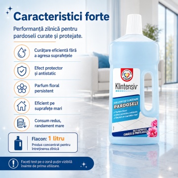 Soluție curățare pardoseli Klintensiv, detergent parfumat concentrat, fără clătire, pentru ceramică, porțelan, marmură, granit, piatră naturală, mozaic, linoleum, PVC și laminate lavabile, 1 L, 4x Stickere - Img 2