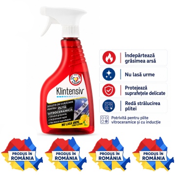 Soluție curățare plită vitroceramică Klintensiv, pentru plite cu inducție și sticlă ceramică, îndepărtează grăsimea arsă și petele persistente, finisaj fără urme, protecție împotriva depunerilor, 500 ml, 4x Stickere