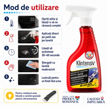 Soluție curățare plită vitroceramică Klintensiv, pentru plite cu inducție și sticlă ceramică, îndepărtează grăsimea arsă și petele persistente, finisaj fără urme, protecție împotriva depunerilor, 500 ml, 4x Stickere - Img 4