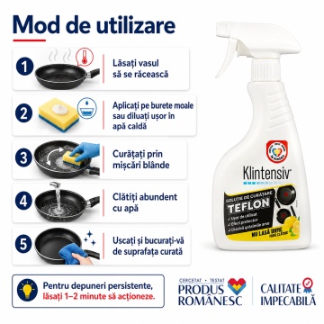 Soluție curățare teflon Klintensiv, pentru vase antiaderente, tigăi, cratițe și tăvi, curățare delicată fără zgâriere, îndepărtează grăsimea și resturile alimentare, 500 ml, 4x Stickere - Img 4