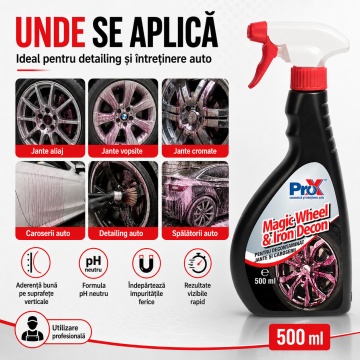 Soluție decontaminare jante și caroserie PRO X Magic Wheel & Iron Decon, fallout remover cu pH neutru, indicator activ roșu, pentru oxizi de fier și depuneri plăcuțe frână, 500 ml, 4x Stickere - Img 5