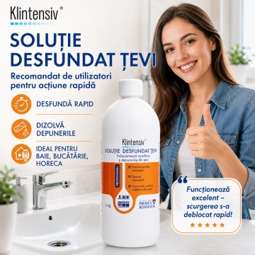 Soluție desfundat țevi Klintensiv, profesională, concentrată, pentru scurgeri, chiuvete, lavoare și dușuri, dizolvă grăsimea, părul, depunerile și mirosurile, 1 L, 4x Stickere - Img 2