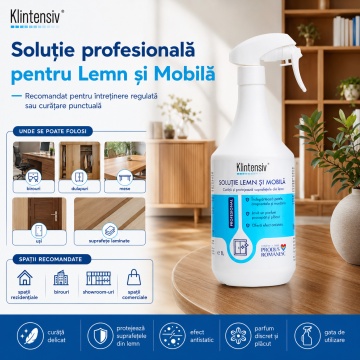 Soluție pentru Lemn și Mobilă Klintensiv, curățare și întreținere, efect antistatic, gata de utilizare, pentru suprafețe din lemn și laminate, 1 L, 4x Stickere - Img 2