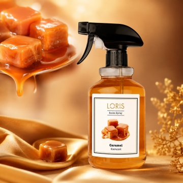 Spray Odorizant de Cameră, Hol, Baie și Auto Loris Parfum Caramel, Room Spray 500 ml, Aromă Dulce și Caldă