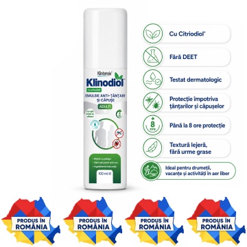 Spray repelent adulți Klinodiol, anti țânțari și căpușe, emulsie naturală fără DEET, cu Citriodiol 9,9%, protecție până la 8 ore, testat dermatologic, aviz biocid, 100 ml, 4x Stickere