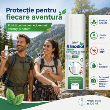 Spray repelent adulți Klinodiol, anti țânțari și căpușe, emulsie naturală fără DEET, cu Citriodiol 9,9%, protecție până la 8 ore, testat dermatologic, aviz biocid, 100 ml, 4x Stickere - Img 4