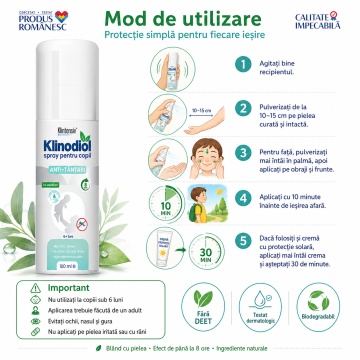 Spray repelent copii Klinodiol, anti țânțari, fără DEET, cu Citridiol 13%, protecție până la 8 ore, pH neutru, testat dermatologic, biodegradabil, 100 ml, 4x Stickere - Img 6