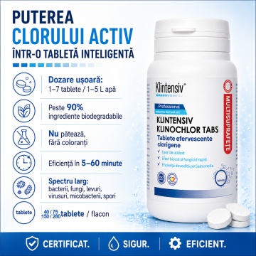 Tablete dezinfectante clor active Klintensiv Klinochlor Tabs, TP4, pentru suprafețe, pavimente, veselă și ustensile, spectru larg, bactericid, fungicid, virucid, 40 tablete, 4x Stickere - Img 4