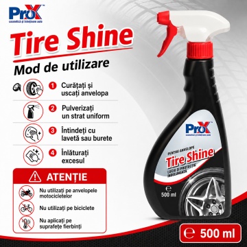 Tratament anvelope PRO X Tire Shine, dressing cu efect lucios și aspect umed, protecție UV, reîmprospătare culoare cauciuc, luciu și protecție îndelungată, 500 ml, 4x Stickere - Img 5