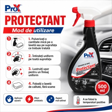 Tratament bord auto PRO X Protectant, dressing mat satinat pentru plastic, piele, vinil și cauciuc, efect antistatic, protecție și reîmprospătare suprafețe auto, 500 ml, 4x Stickere - Img 5