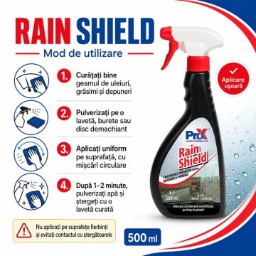 Tratament hidrofob parbriz PRO X Rain Shield, soluție anti-ploaie pentru exterior geamuri auto, parbriz, oglinzi, lunetă și faruri, efect repelent apă, vizibilitate îmbunătățită, 500 ml, 4x Stickere - Img 5