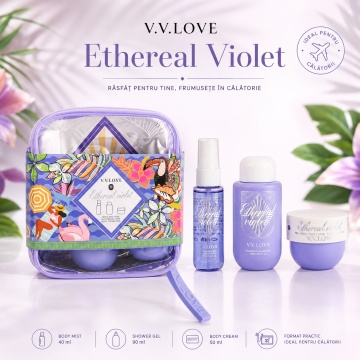 Travel Kit V.V. Love Ethereal Violet, Set Damă cu Body Mist 40 ml, Shower Gel 90 ml și Body Cream 50 ml (Copy 1)
