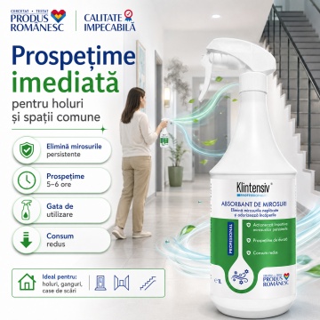 Absorbant de mirosuri Klintensiv, odorizant lichid profesional, gata de utilizare, pentru ghene, grupuri sanitare, holuri, case de scări și spații comune, neutralizează mirosuri persistente, 1 L, 4x Stickere - Img 2