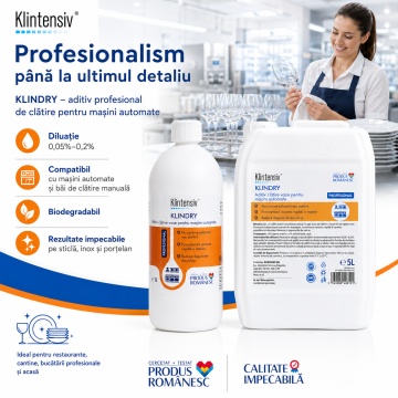 Aditiv profesional de clătire Klintensiv KLINDRY, pentru mașini automate de spălat vase, pahare, tacâmuri și veselă, anti-calcar, biodegradabil, fără parfum, canistră 5 L, 4x Stickere - Img 6