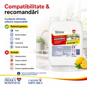 Degresant bucătărie Klintensiv, soluție profesională pentru grăsime arsă și murdărie persistentă, pentru hote, plite, cuptoare, grătare, tăvi, inox și suprafețe lavabile, 5 L, 4x Stickere - Img 6