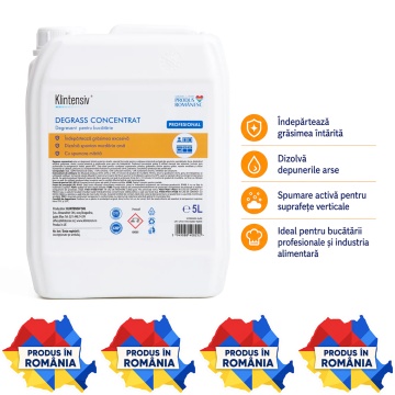 Degresant profesional Klintensiv DEGRASS, concentrat alcalin pentru cuptoare, grill-uri, plite, friteuze și echipamente HoReCa, utilizare manuală sau cu spumator, canistră 5 L, 4x Stickere