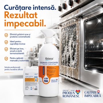 Degresant profesional Klintensiv DEGRASS, concentrat alcalin pentru cuptoare, grill-uri, plite, friteuze și echipamente HoReCa, utilizare manuală sau cu spumator, canistră 5 L, 4x Stickere - Img 6