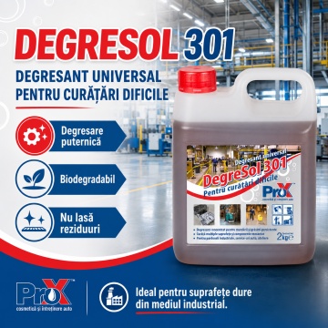 Degresant universal profesional PRO X Degresol 301, concentrat biodegradabil pentru industrie, pardoseli industriale, utilaje, motoare, piese mecanice, service-uri auto și ateliere, 2 L, 4x Stickere - Img 2