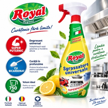 Degresant Universal Royal Hygiene Sgrassatore Universale cu Bicarbonat, Degresant Universal Super Puternic, Parfum Lămâie, Formulă Italiană, Curățare Profesională HoReCa, Fabricat în România, 750 ml