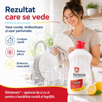Detergent de vase Klintensiv, lichid concentrat pentru spălare manuală, degresare rapidă, eficient și în apă rece, pentru veselă, tacâmuri, pahare și ustensile, 500 ml, 4x Stickere - Img 2