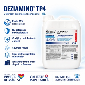 Detergent dezinfectant concentrat DEZIAMINO, pentru suprafețe alimentare, ustensile, echipamente și pavimente, eficient în condiții de murdărie, canistră 5 L, 4x Stickere - Img 2