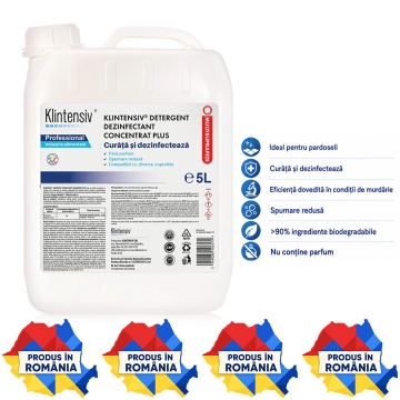 Detergent dezinfectant concentrat Klintensiv Plus, pentru HoReCa, bucătării industriale, depozite și producție alimentară, biodegradabil peste 90%, canistră 5 L, 4x Stickere