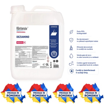 Detergent dezinfectant profesional concentrat Deziamino Klintensiv Professional, pentru spitale, clinici, ambulanțe, cabinete, saloane și instituții, soluție de lucru 0,2-5%, canistră 5 L, 4x Stickere