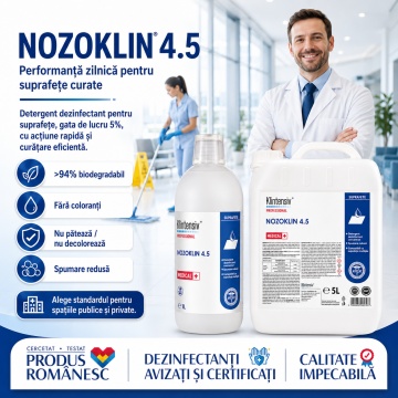Detergent dezinfectant profesional pentru suprafețe și pavimente Nozoklin 4.5 Klintensiv, soluție 5%, pentru instituții, clinici, birouri, școli, HoReCa și spații comerciale, canistră 5 L, 4x Stickere - Img 6