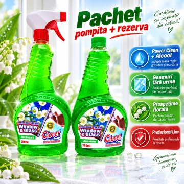 Detergent geamuri Cloret Window & Glass, Pulverizator + Rezerva, Soluție Profesională pentru Geamuri și Sticlă, Power Clean + Alcool, Fabricat în România, Lacramioara, 2x 750 ml - Img 2