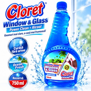 Detergent geamuri Cloret Window & Glass, Rezerva, Soluție Profesională pentru Geamuri și Sticlă, Power Clean + Alcool, Fabricat în România, Ocean Fresh, 750 ml