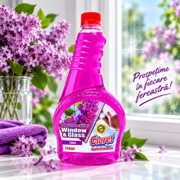 Detergent geamuri Cloret Window & Glass, Rezerva, Soluție Profesională pentru Geamuri și Sticlă, Power Clean + Alcool, Fabricat în România, Liliac, 750 ml - Img 2