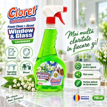Detergent geamuri Cloret Window & Glass, Soluție Profesională pentru Geamuri și Sticlă, Power Clean + Alcool, Fabricat în România, Lacramioara, 750 ml - Img 2